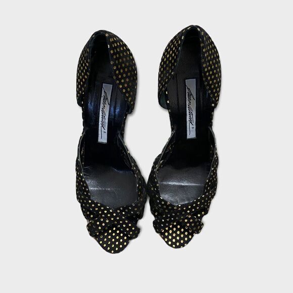 Brian Atwood Peep Toe Stiletto Wedge In Black With Gold Dots Size 35 - Picture 2 of 8